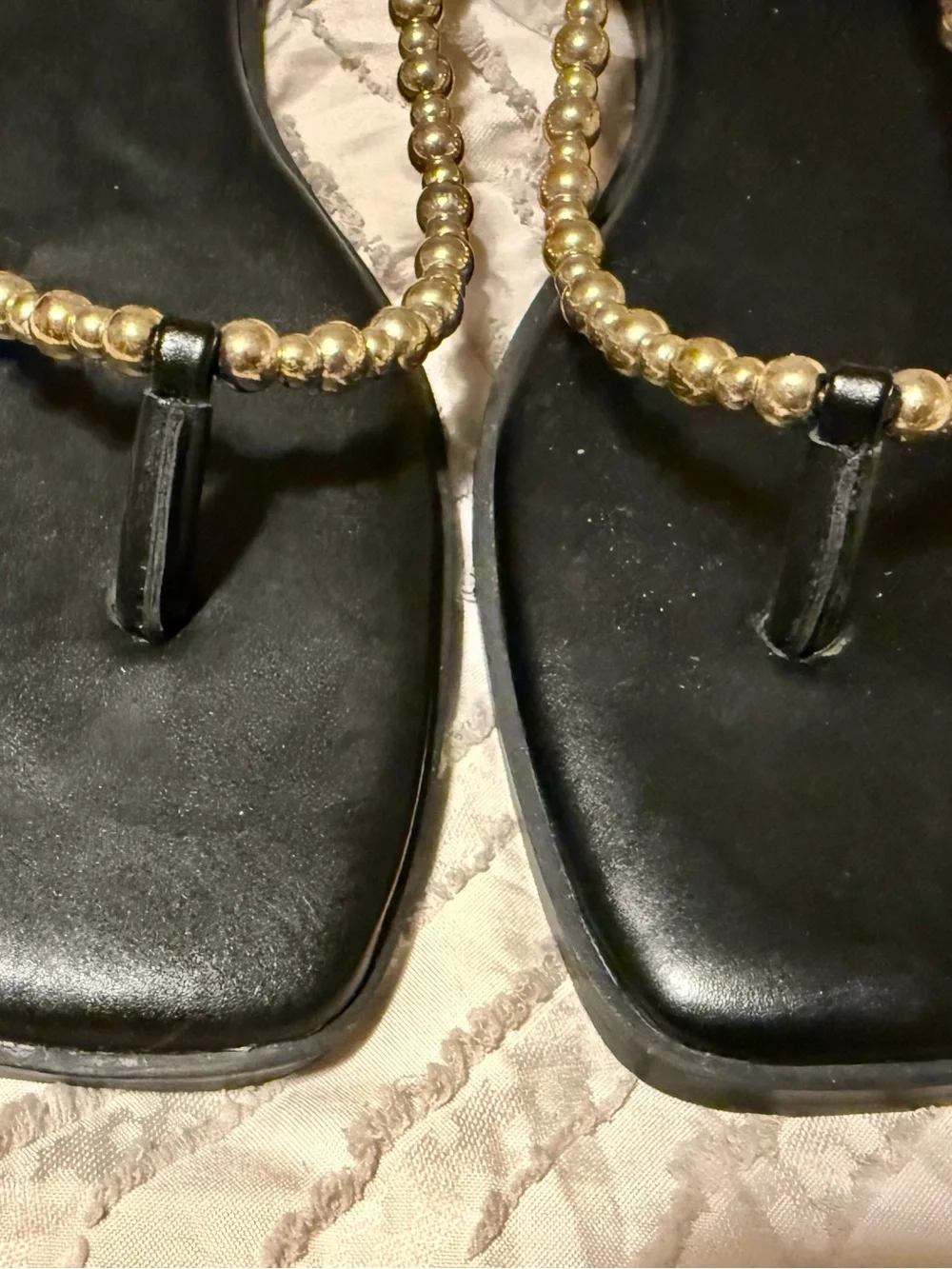 DV by Dolce Vita Black Leather Lace-Up Sandals with Gold Beaded Straps